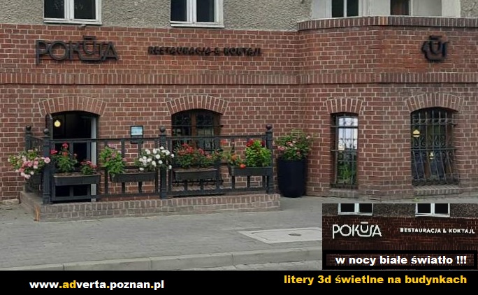 Litery 3d świetlne B&W na budynku restauracji Poznań.