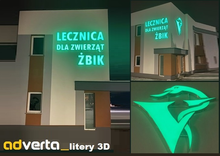 Litery 3D świetlne na lecznicy dla zwierząt Żbik.