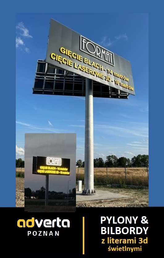 Potężny pylon - bilbord - z literami świetlnymi 3d przestrzenne na di-bondzie.