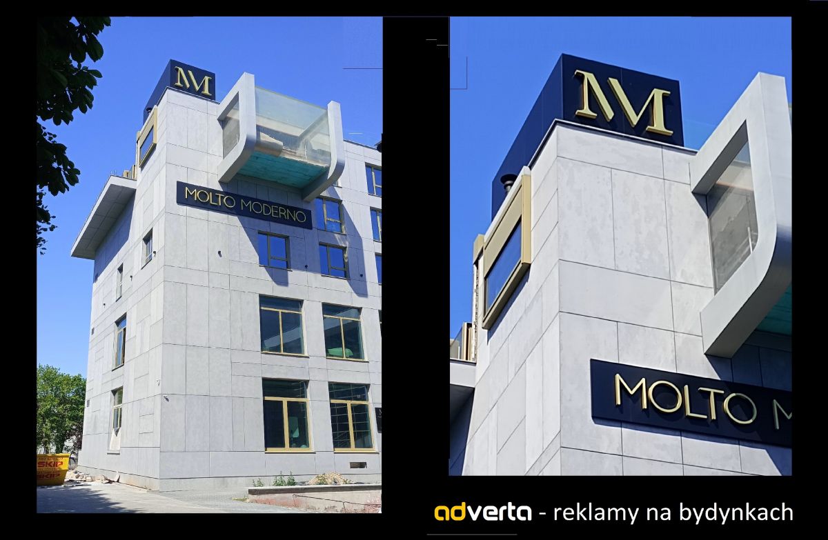 Szyld w postaci liter 3d świetlnych na panelu - hotel Molto Moderno w Poznaniu.