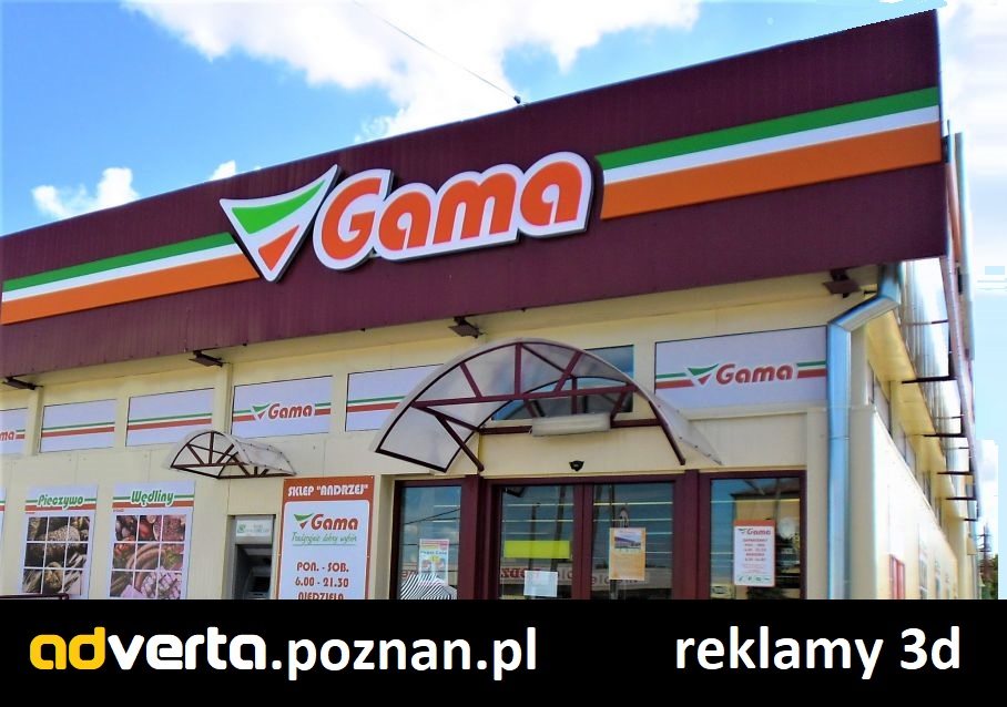 Szyldy świetlne dla sieci ogólnopolskiej sklepów spożywczych Gama w Poznaniu.